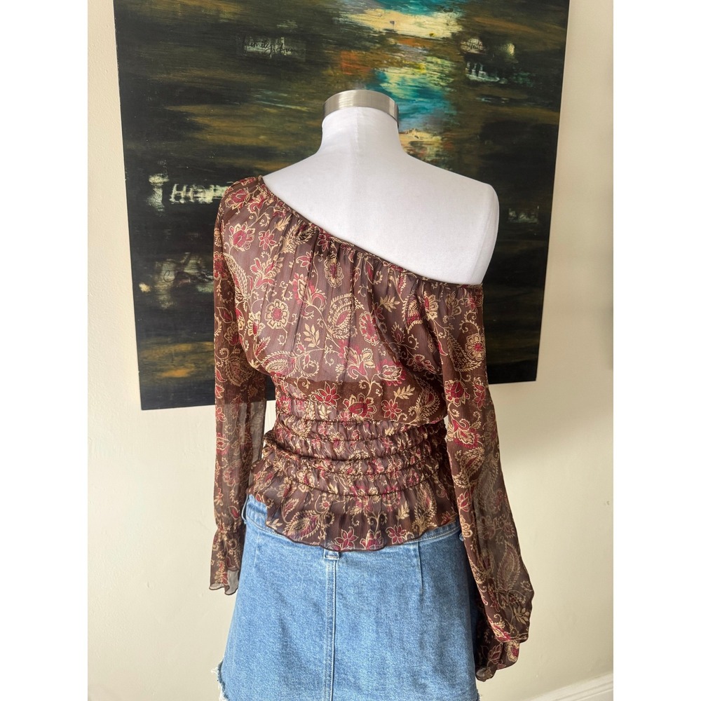 INC Blouse 6 Brown Paisley One Shoulder Smocked Silk Top Sheer - Picture 3 of 4